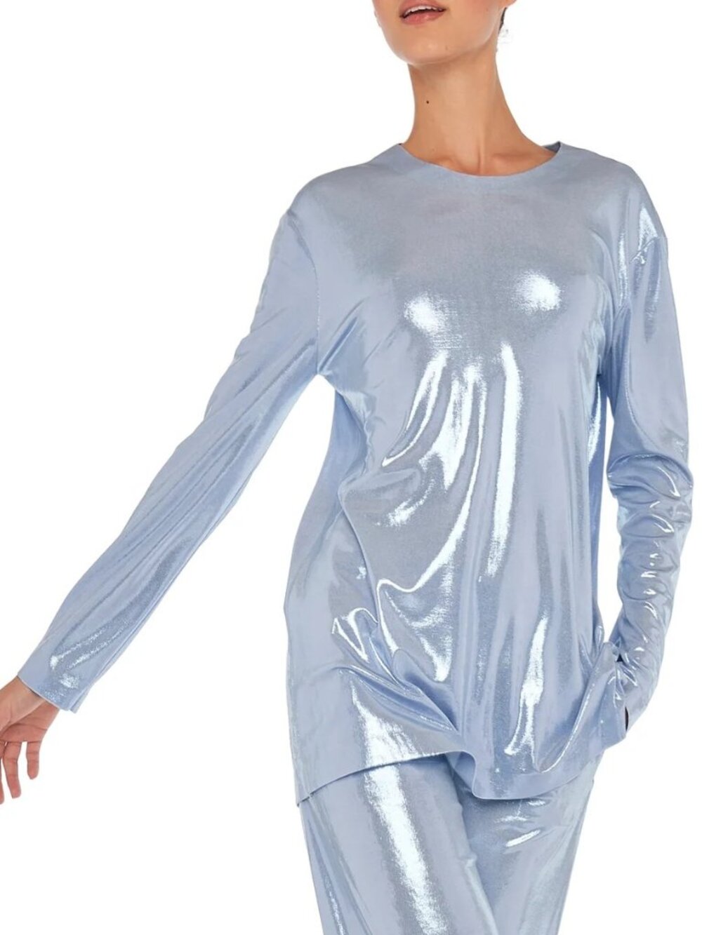 Norma Kamali Misty Blue Boyfriend Long Sleeve Crew Top, XXS